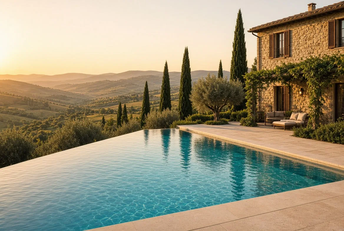 Piscina a sfioro al tramonto accanto a un casale in pietra